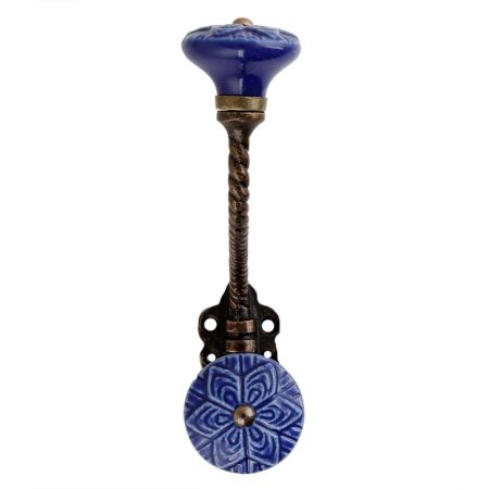 Navy Blue Wheel Flower Ceramic Antique Rope Iron Hook